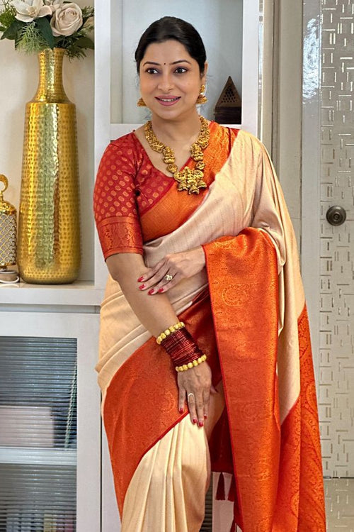 Load image into Gallery viewer, Delightful Beige Kanjivaram Silk Saree With Adorning Blouse Piece
