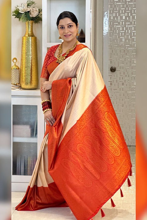 Load image into Gallery viewer, Delightful Beige Kanjivaram Silk Saree With Adorning Blouse Piece
