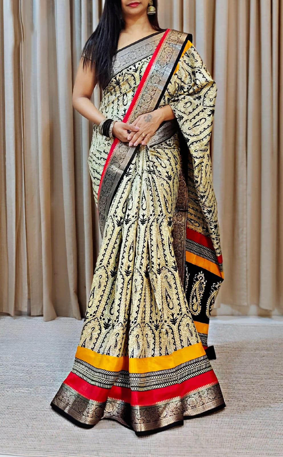 Staring Beige Digital Printed Dola Silk Saree With Beautiful Blouse Piece