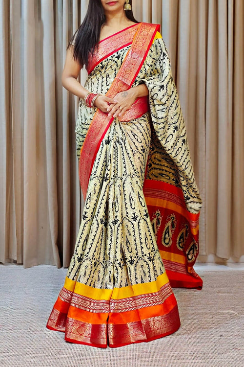 Load image into Gallery viewer, Breathtaking Beige Digital Printed Dola Silk Saree With Flamboyant Blouse Piece
