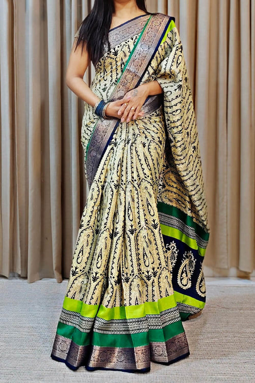 Load image into Gallery viewer, Demanding Beige Digital Printed Dola Silk Saree With Sensational Blouse Piece
