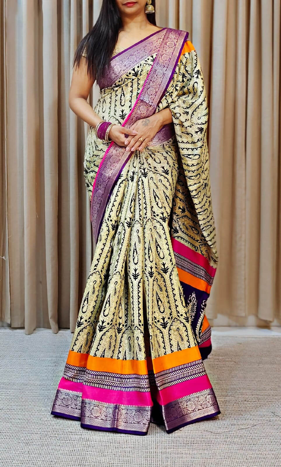 Glowing Beige Digital Printed Dola Silk Saree With Radiant Blouse Piece