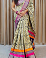 Glowing Beige Digital Printed Dola Silk Saree With Radiant Blouse Piece