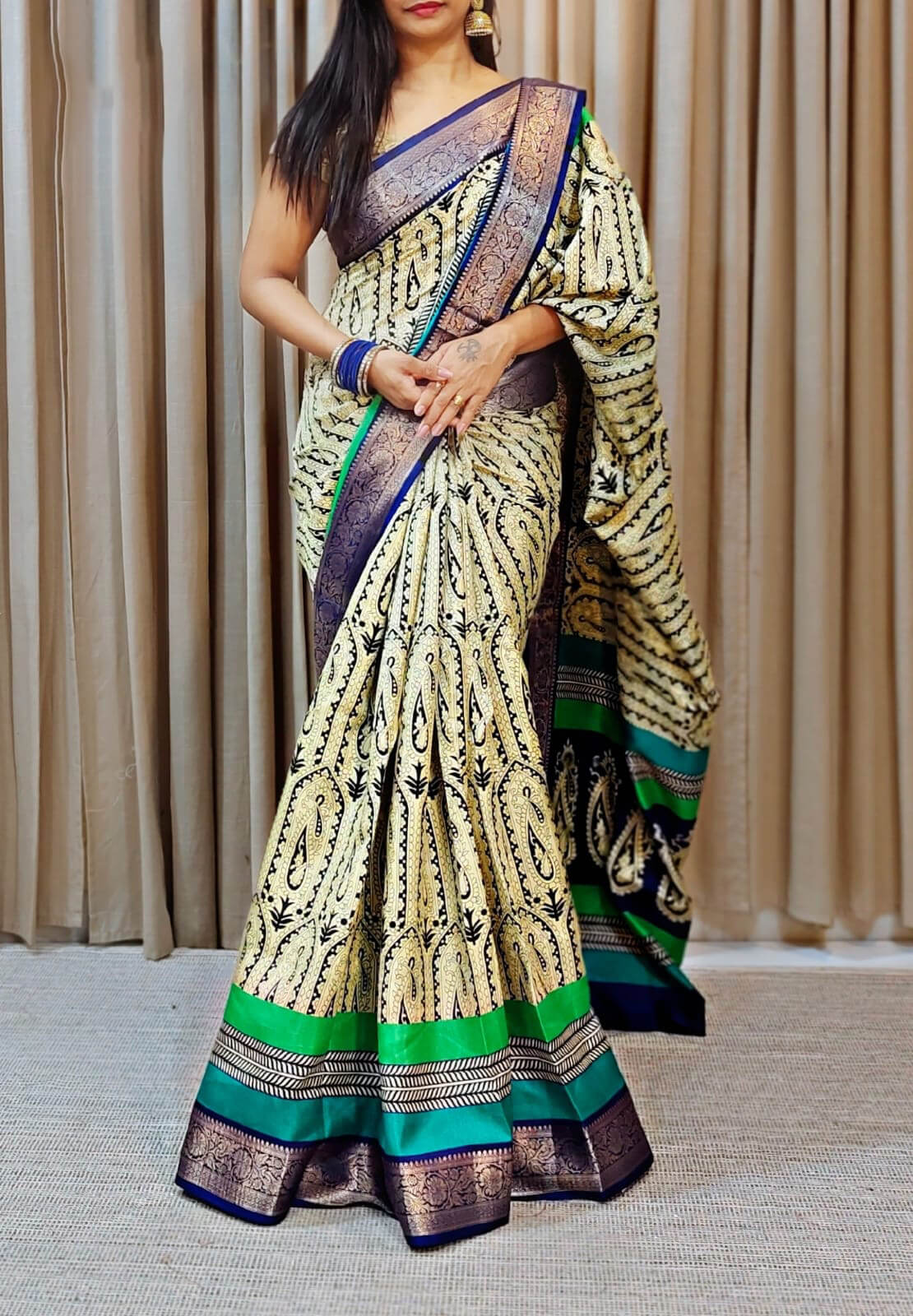 Preferable Beige Digital Printed Dola Silk Saree With Adoring Blouse Piece