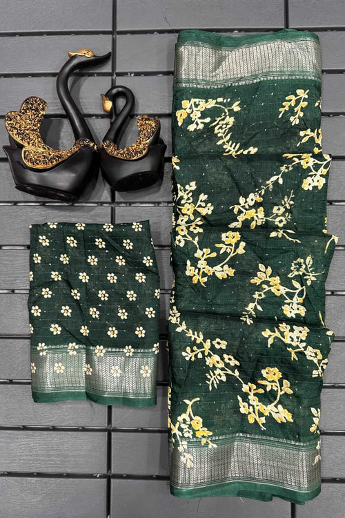 Load image into Gallery viewer, Gleaming Dark Green Digital Printed Dola Silk Saree With Elegant Blouse Piece
