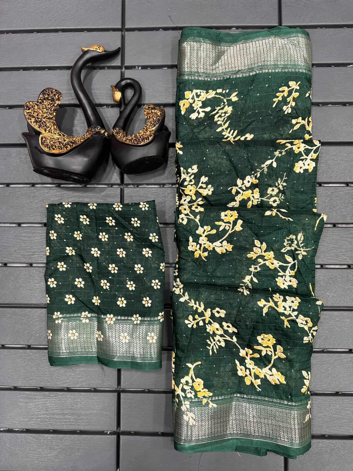 Gleaming Dark Green Digital Printed Dola Silk Saree With Elegant Blouse Piece