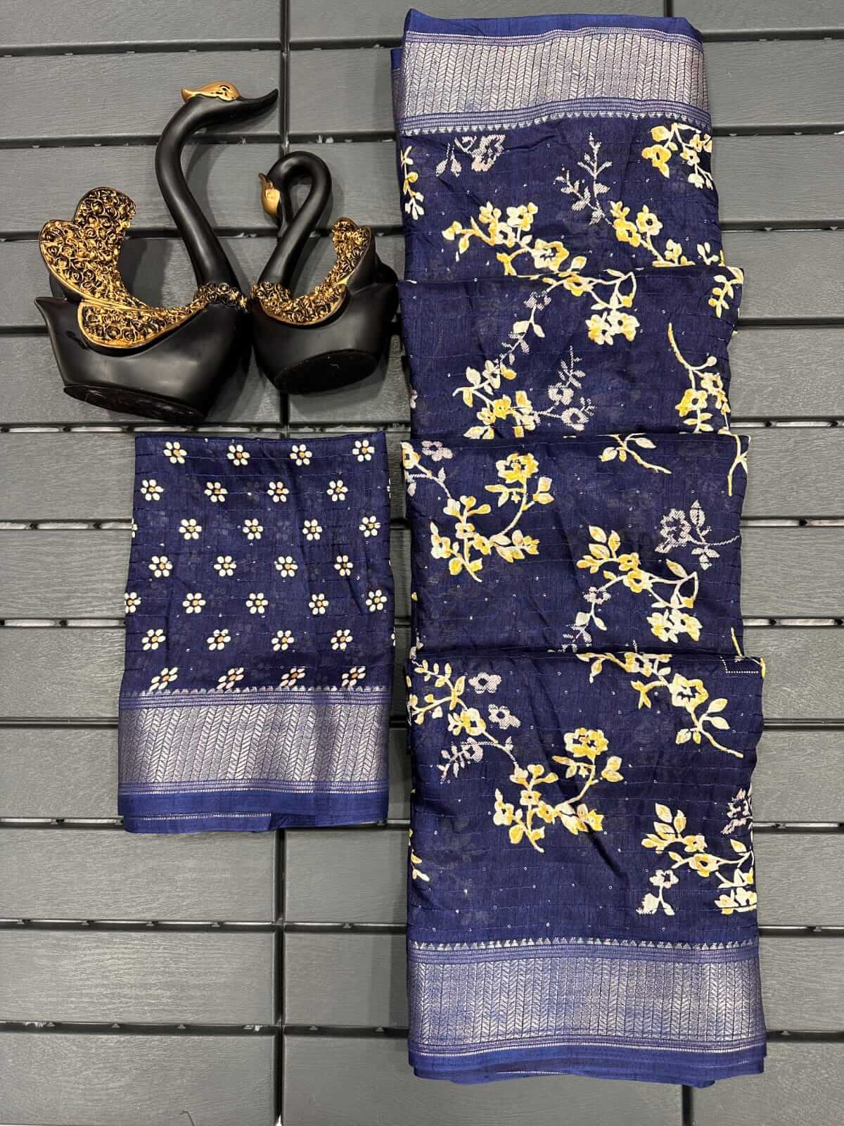 Brood Navy Blue Digital Printed Dola Silk Saree With Demure Blouse Piece