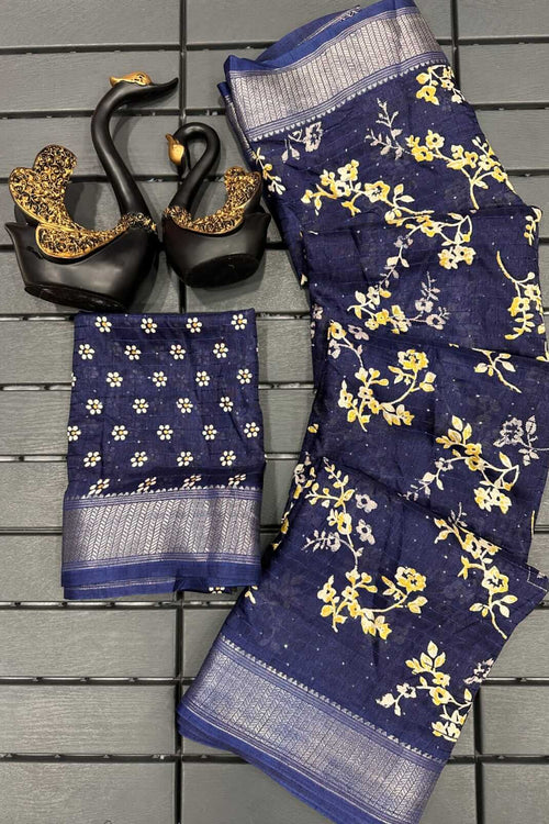 Load image into Gallery viewer, Brood Navy Blue Digital Printed Dola Silk Saree With Demure Blouse Piece
