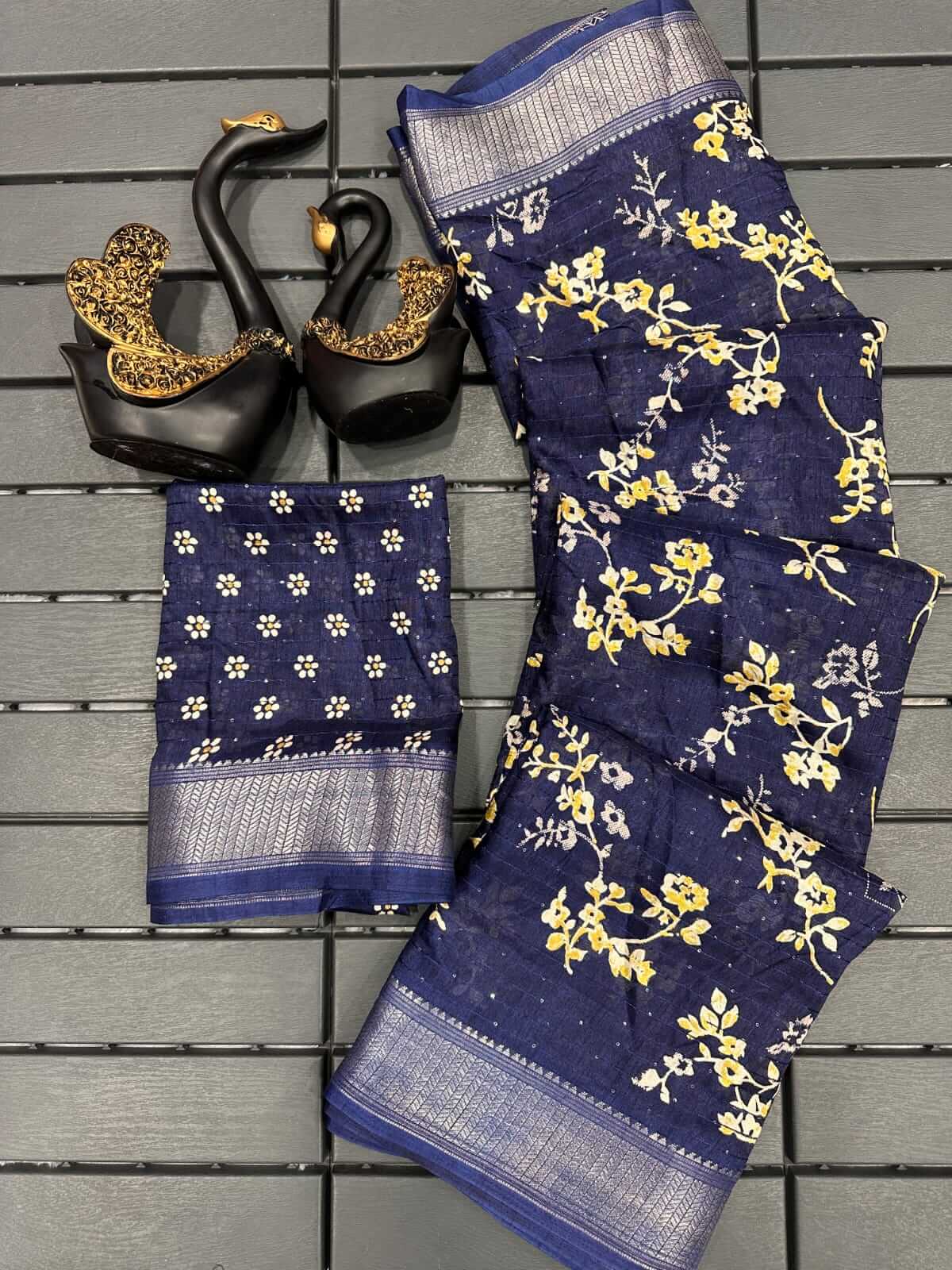 Brood Navy Blue Digital Printed Dola Silk Saree With Demure Blouse Piece