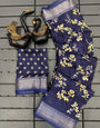 Brood Navy Blue Digital Printed Dola Silk Saree With Demure Blouse Piece