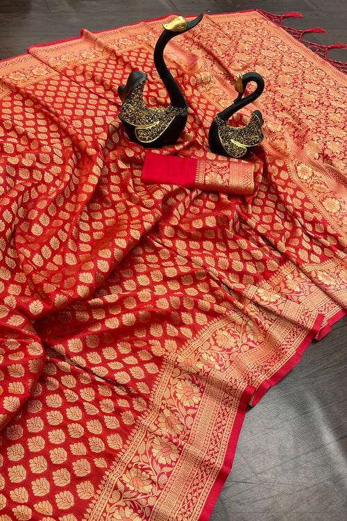 Load image into Gallery viewer, Stunner Red Soft Banarasi Silk Saree With Ideal Blouse Piece
