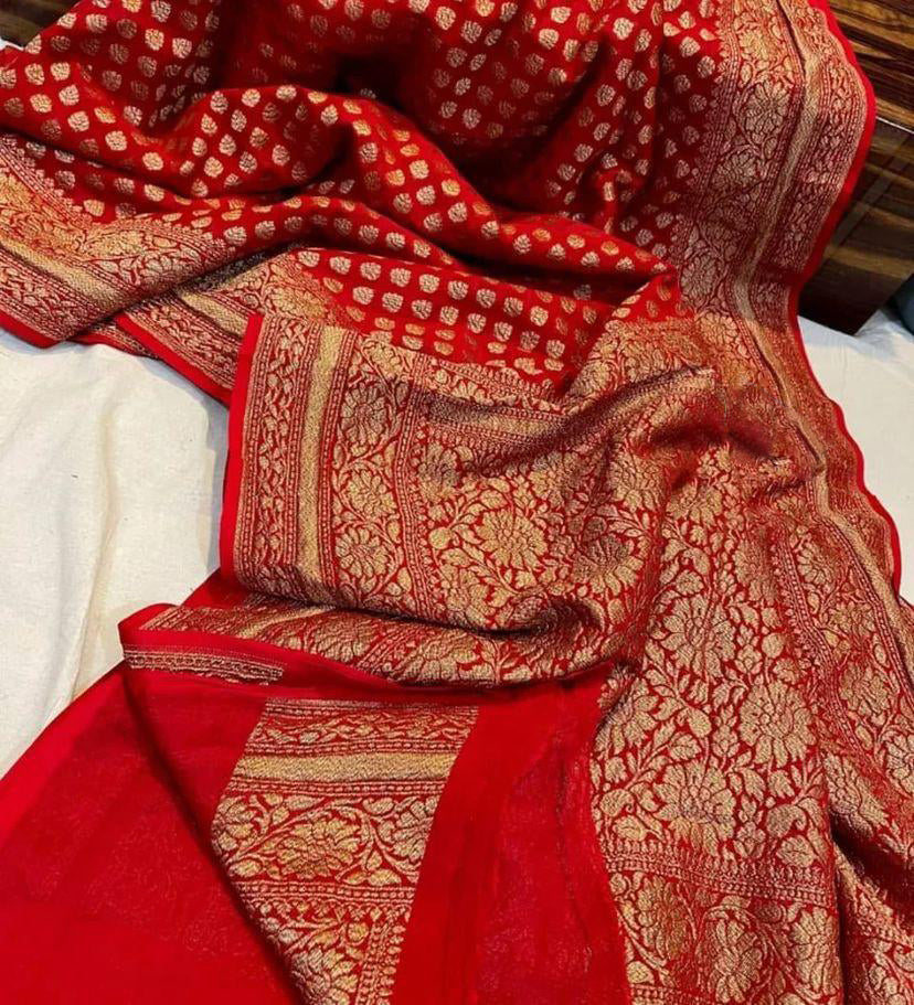 Stunner Red Soft Banarasi Silk Saree With Ideal Blouse Piece