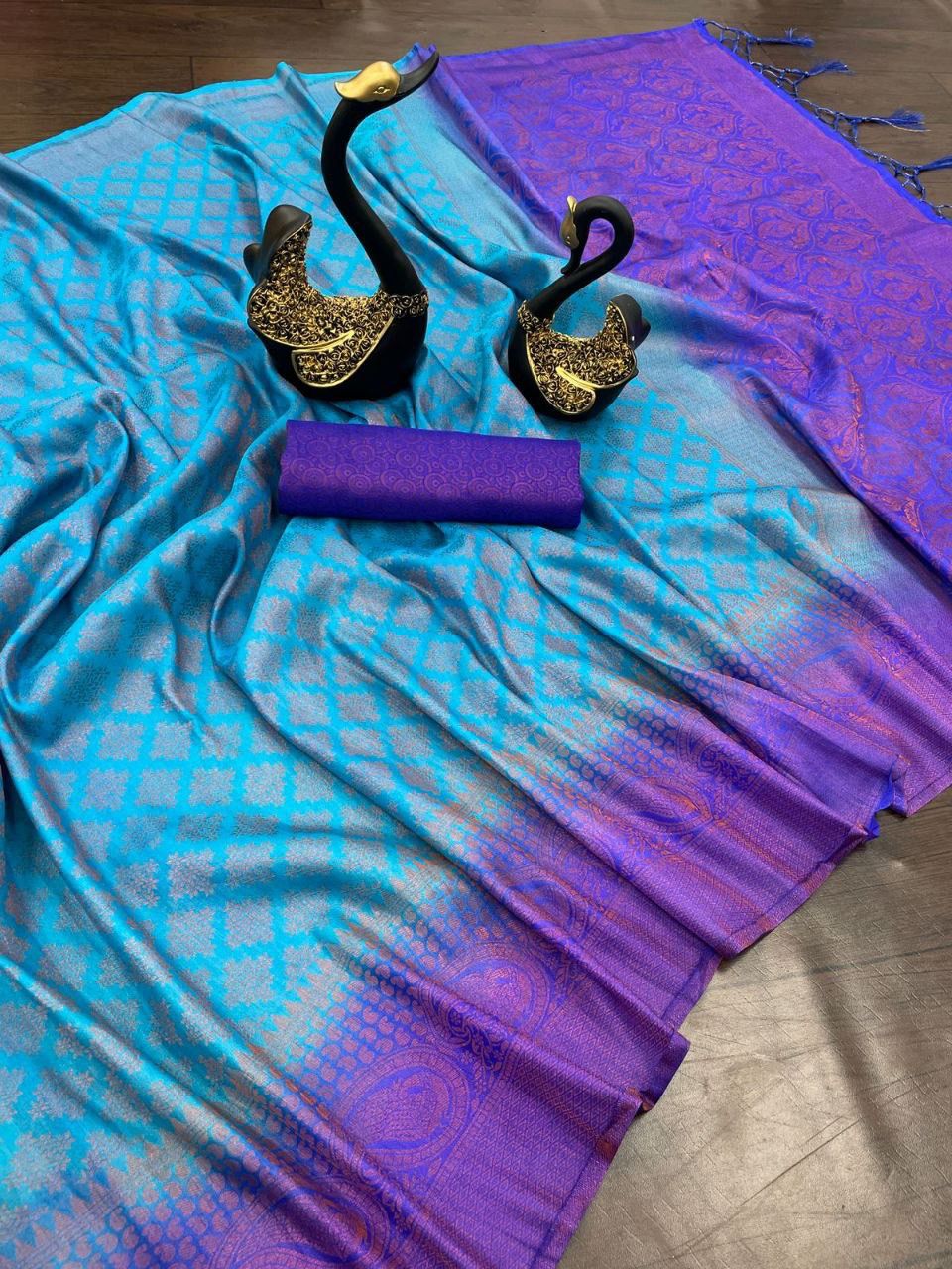 Lovely Firozi Soft Banarasi Silk Saree With Lovely Blouse Piece