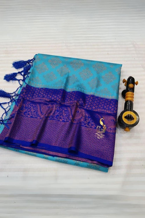 Load image into Gallery viewer, Lovely Firozi Soft Banarasi Silk Saree With Lovely Blouse Piece
