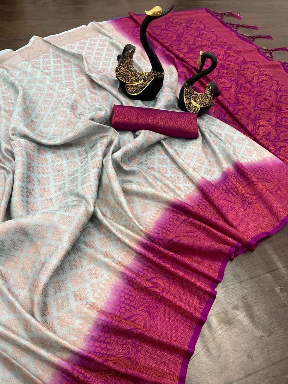 Unique Grey Soft Banarasi Silk Saree With Beautiful Blouse Piece