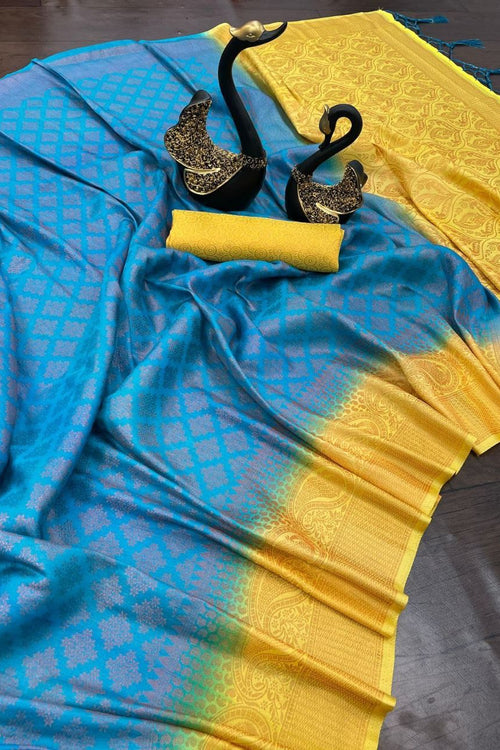 Load image into Gallery viewer, Bucolic Sky Soft Banarasi Silk Saree With Dissemble Blouse Piece
