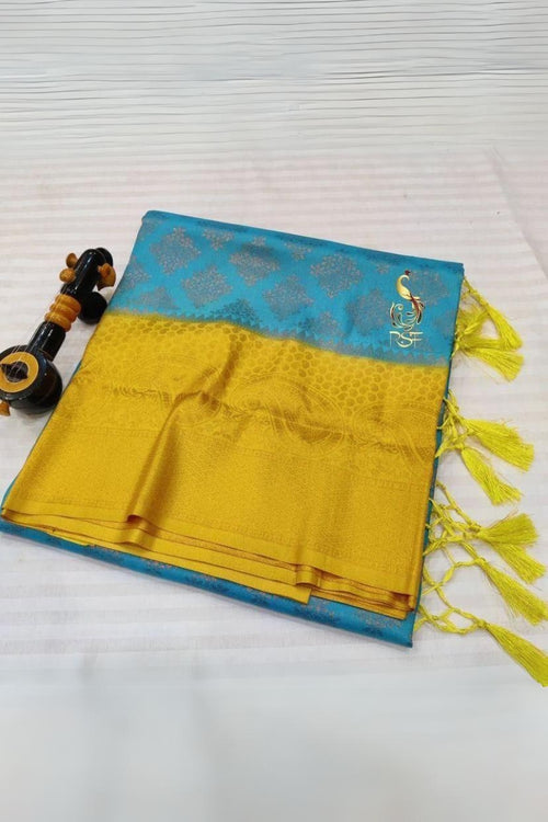 Load image into Gallery viewer, Bucolic Sky Soft Banarasi Silk Saree With Dissemble Blouse Piece
