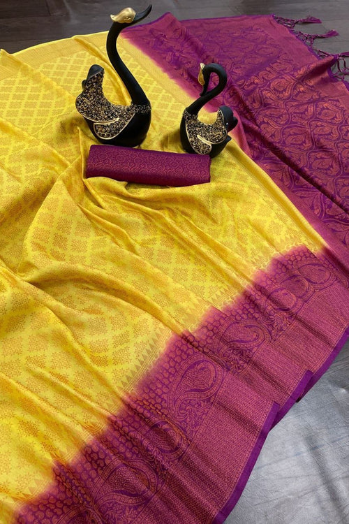 Load image into Gallery viewer, Ephemeral Yellow Soft Banarasi Silk Saree With Moiety Blouse Piece
