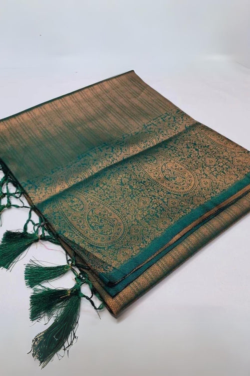 Load image into Gallery viewer, Intricate Dark Green Kanjivaram Silk Saree With Jazzy Blouse Piece

