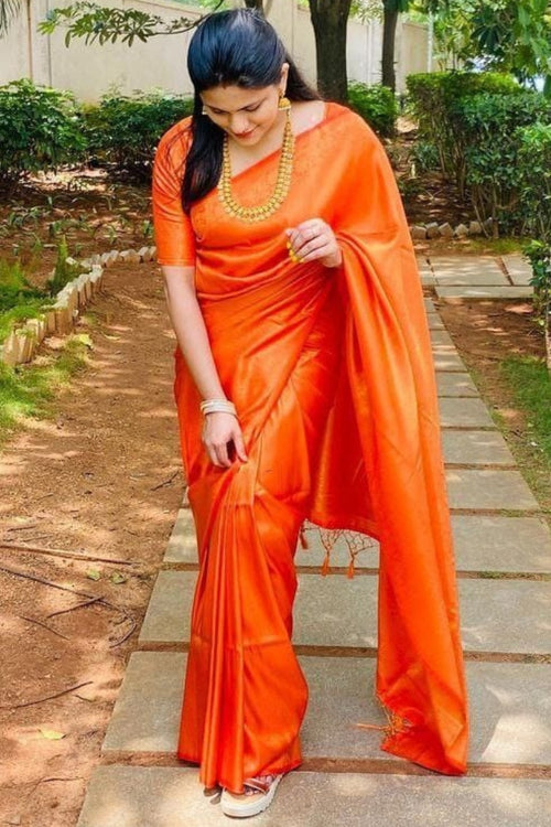 Load image into Gallery viewer, Brood Orange Kanjivaram Silk Saree With Diaphanous Blouse Piece
