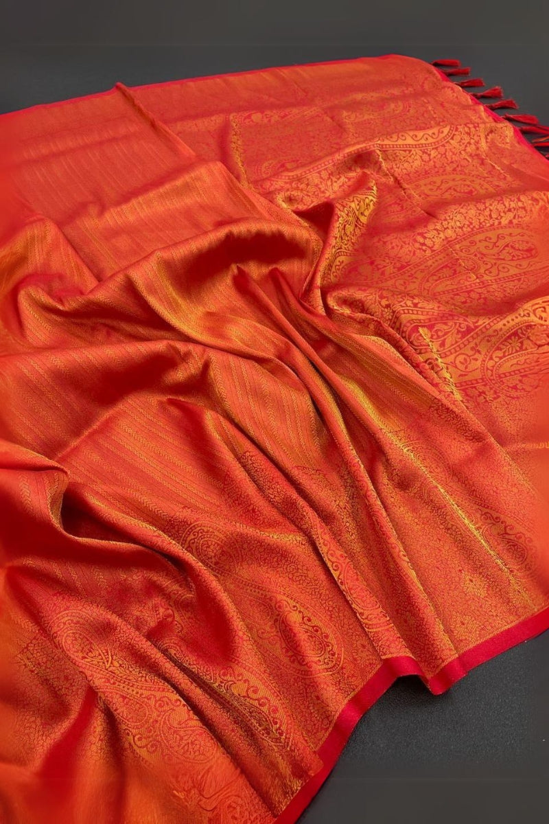 Brood Orange Kanjivaram Silk Saree With Diaphanous Blouse Piece