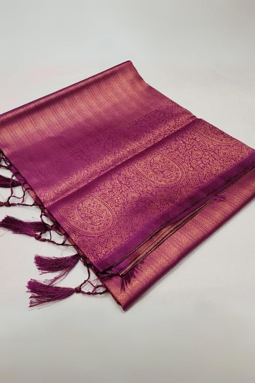 Load image into Gallery viewer, Lagniappe Purple Kanjivaram Silk Saree With Panoply Blouse Piece
