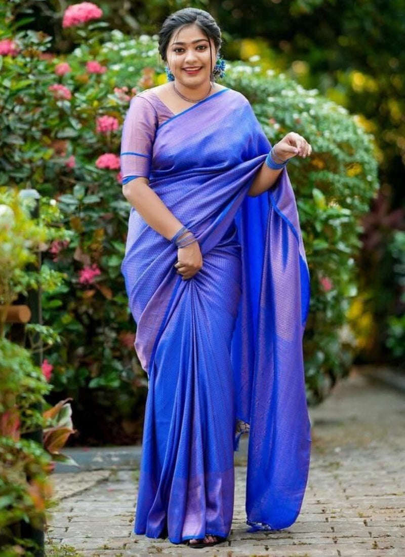 Seraglio Royal Blue Kanjivaram Silk Saree With Eloquence Blouse Piece