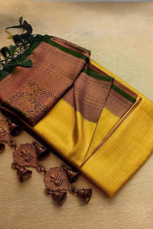 Load image into Gallery viewer, Demure Yellow Kanjivaram Silk Saree With Elision Blouse Piece
