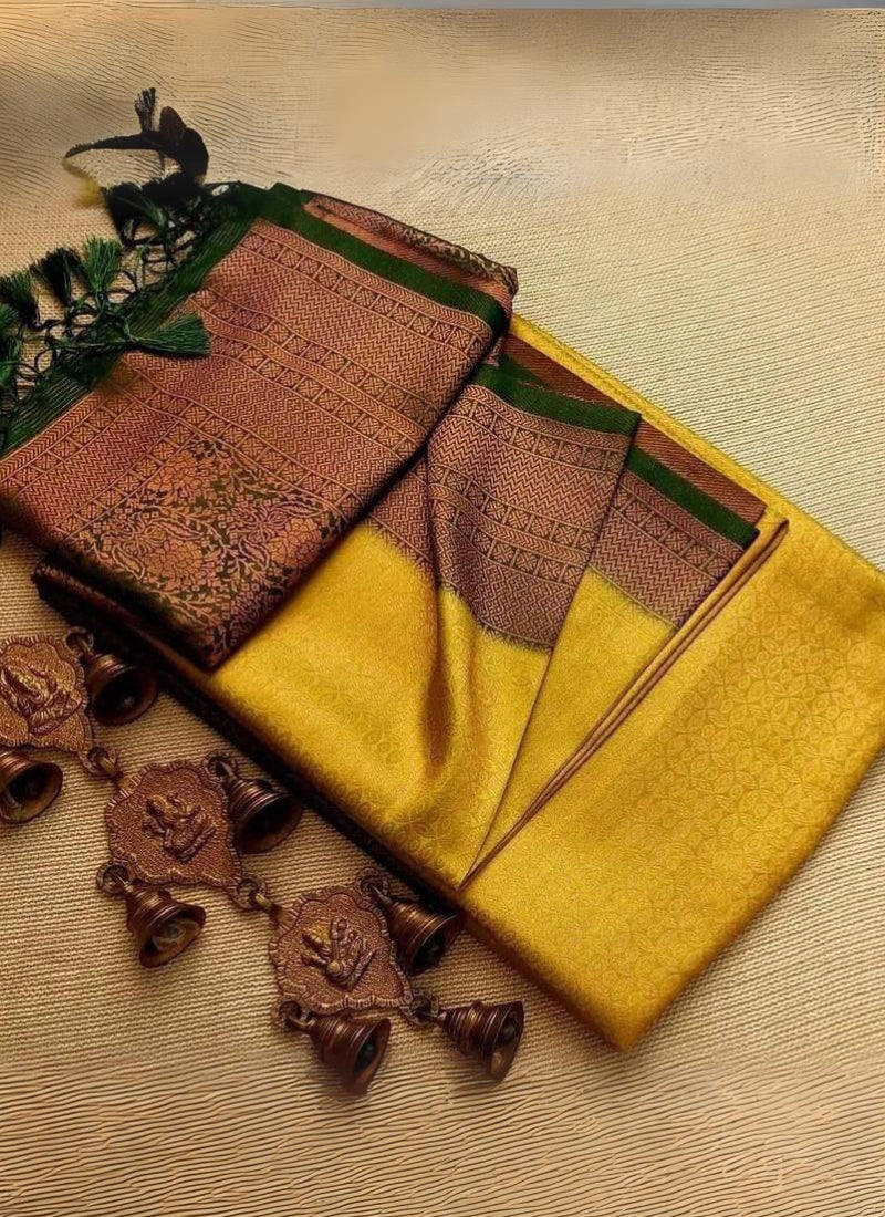 Demure Yellow Kanjivaram Silk Saree With Elision Blouse Piece