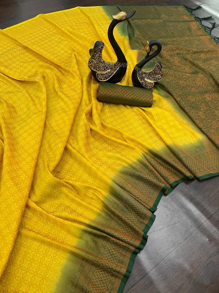 Demure Yellow Kanjivaram Silk Saree With Elision Blouse Piece