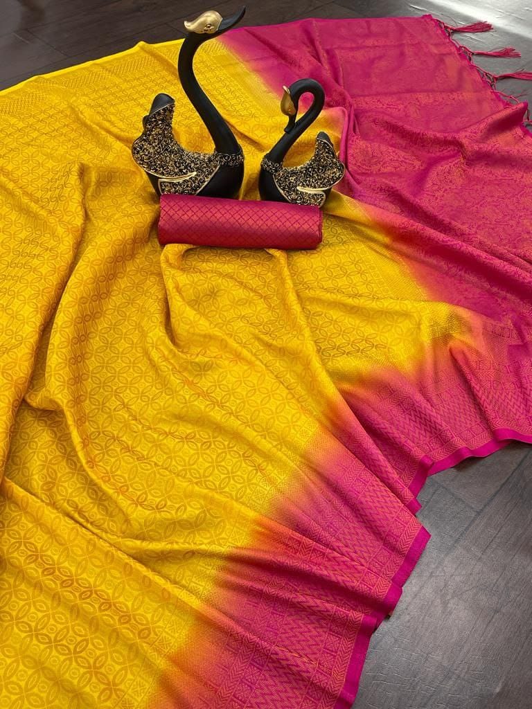 Nemesis Yellow Kanjivaram Silk Saree With Redolent Blouse Piece