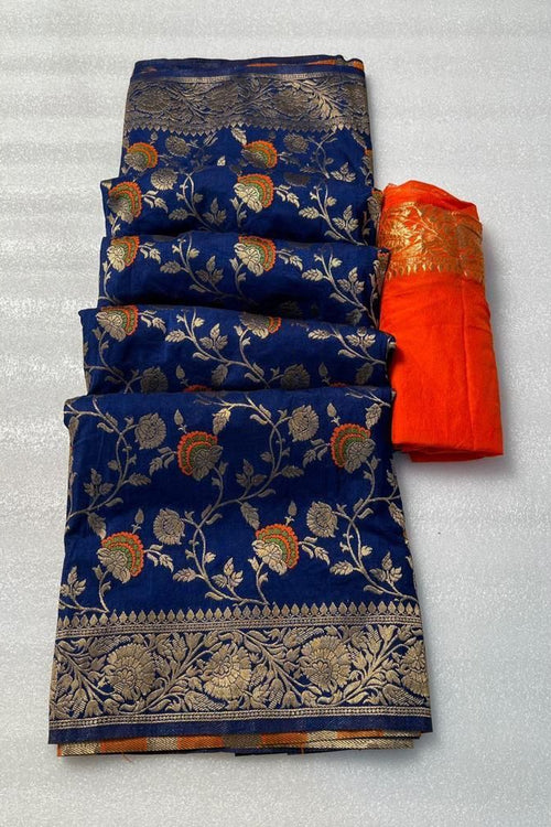 Load image into Gallery viewer, Pretty Navy Blue Soft Banarasi Silk Saree With Dazzling Blouse Piece
