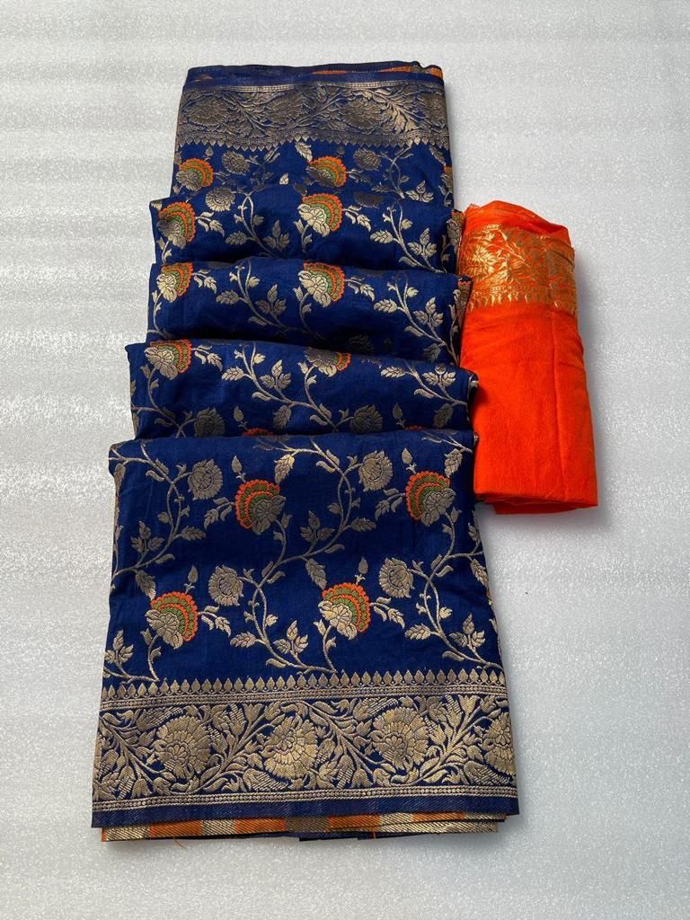 Pretty Navy Blue Soft Banarasi Silk Saree With Dazzling Blouse Piece