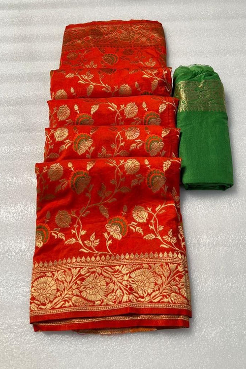 Load image into Gallery viewer, Divine Red Soft Banarasi Silk Saree With Forbearance Blouse Piece
