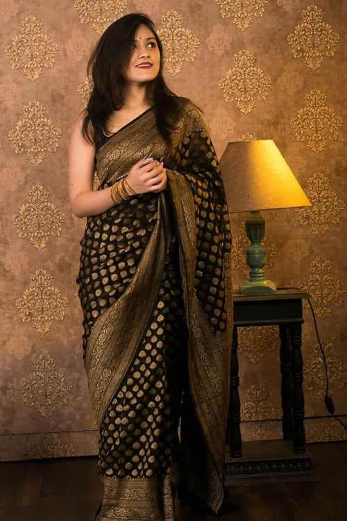 Load image into Gallery viewer, Dazzling Black Soft Banarasi Silk Saree With Gleaming Blouse Piece
