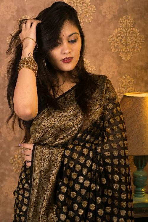 Load image into Gallery viewer, Dazzling Black Soft Banarasi Silk Saree With Gleaming Blouse Piece
