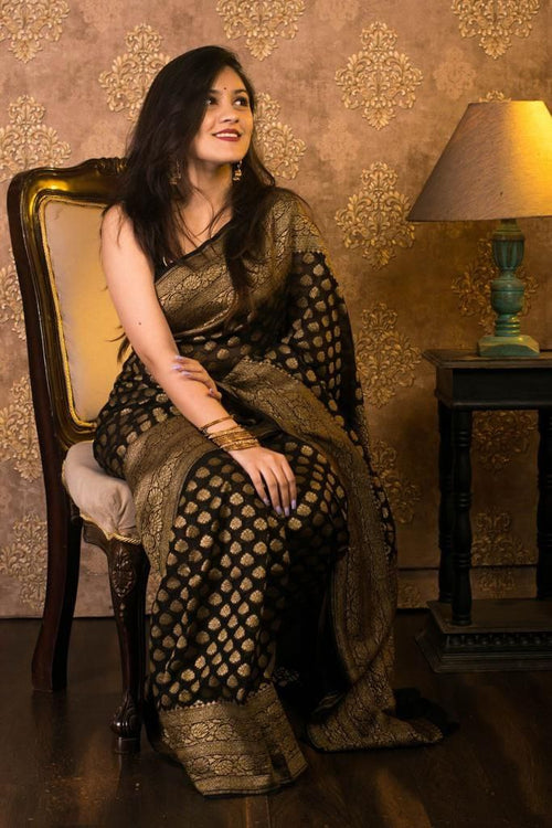 Load image into Gallery viewer, Dazzling Black Soft Banarasi Silk Saree With Gleaming Blouse Piece
