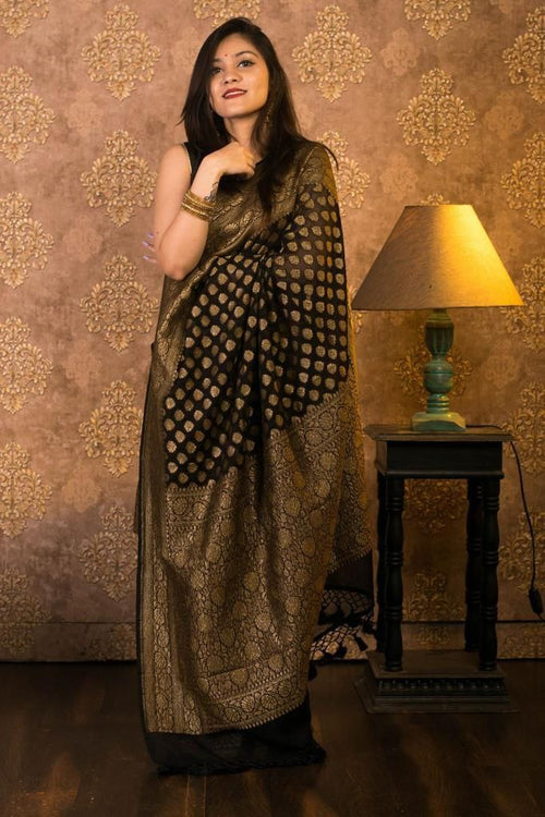 Load image into Gallery viewer, Dazzling Black Soft Banarasi Silk Saree With Gleaming Blouse Piece
