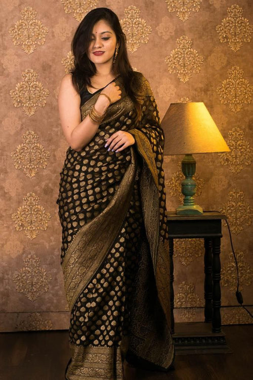 Load image into Gallery viewer, Dazzling Black Soft Banarasi Silk Saree With Gleaming Blouse Piece
