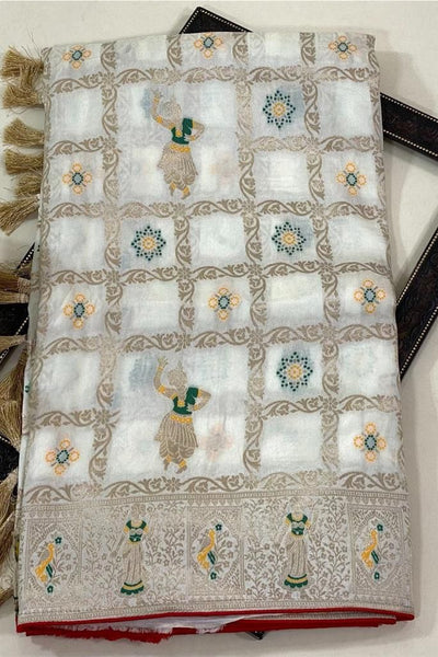 Embrocation White Dola Silk Saree With Murmurous Blouse Piece