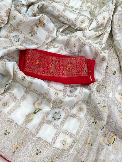 Embrocation White Dola Silk Saree With Murmurous Blouse Piece