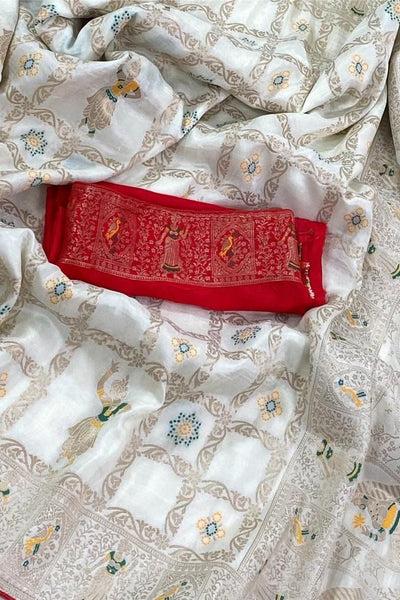 Embrocation White Dola Silk Saree With Murmurous Blouse Piece