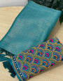 Scrumptious Firozi Kanjivaram Silk Saree With Two Enigmatic Blouse Piece