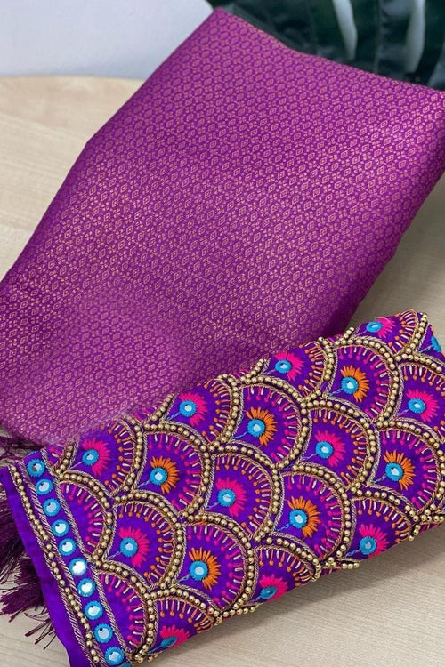 Load image into Gallery viewer, Tempting Purple Kanjivaram Silk Saree With Two Radiant Blouse Piece
