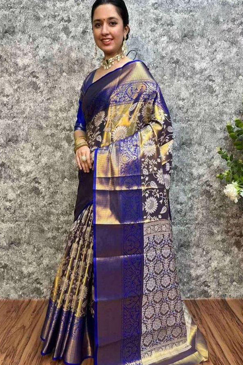 Load image into Gallery viewer, Imbrication Royal Blue Kanjivaram Silk Saree With Glamorous Blouse Piece
