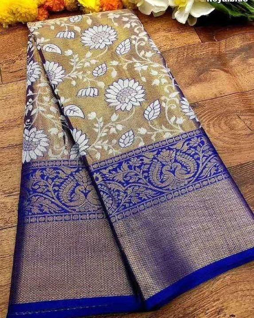 Load image into Gallery viewer, Imbrication Royal Blue Kanjivaram Silk Saree With Glamorous Blouse Piece
