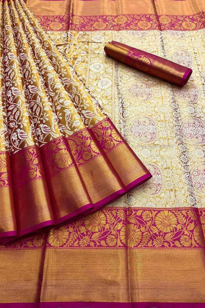 Glowing Dark Pink Kanjivaram Silk Saree With Groovy Blouse Piece