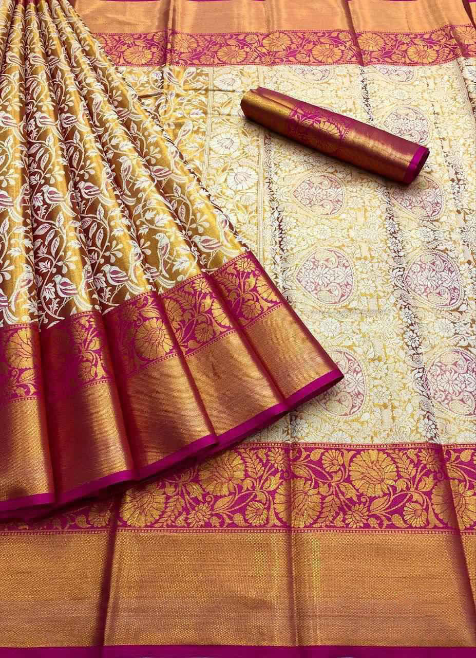 Glowing Dark Pink Kanjivaram Silk Saree With Groovy Blouse Piece