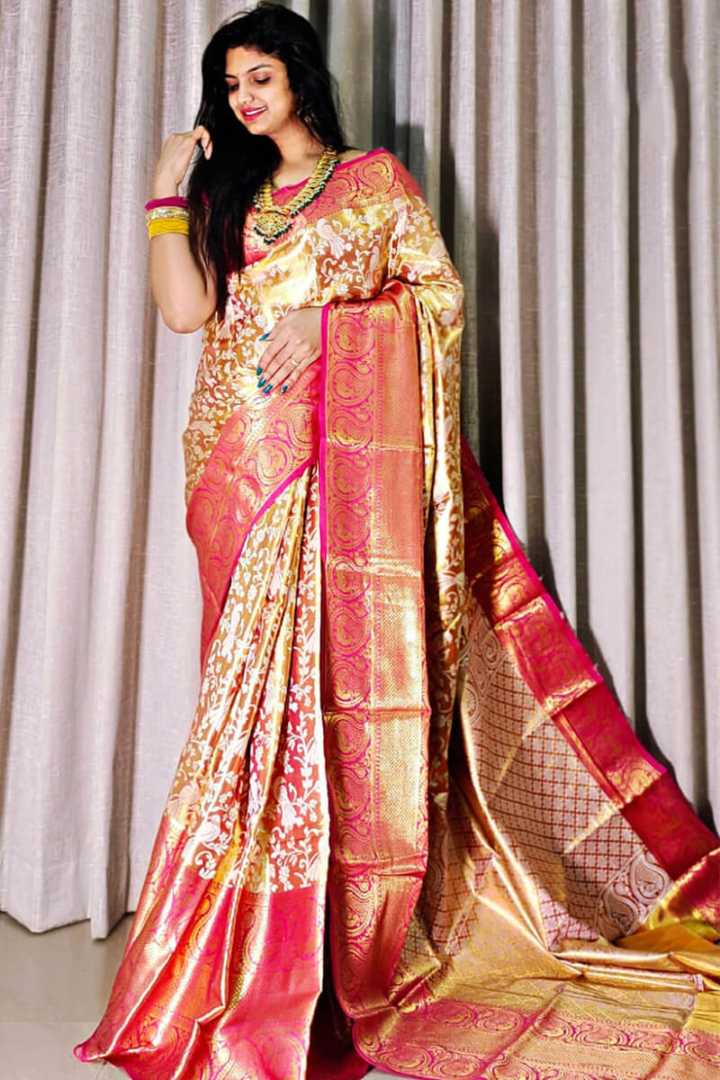 Glorious Dark Pink Kanjivaram Silk Saree With Exceptional Blouse Piece