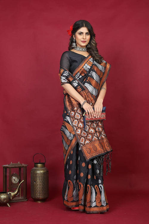 Load image into Gallery viewer, Beautiful Black Linen Silk Saree With Supernal Blouse Piece
